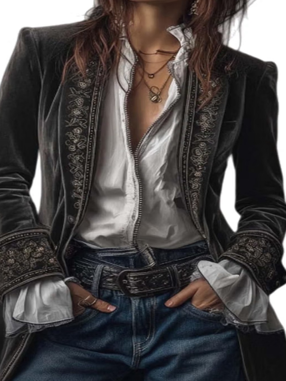 Gray Embroidered Velvet Military-Style Women's Blazer. Soft lounge like feel